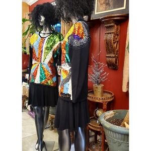 Vintage 90s Sēmplice Wool Sweater Size M Sign. Sequins, Beaded w/Shoulder Pads